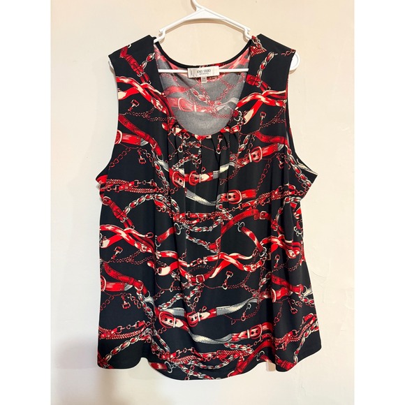 Tops - Jones Studio Women's Black Red Chain Belt Print‎ Sleeveless Top Plus Size 24W